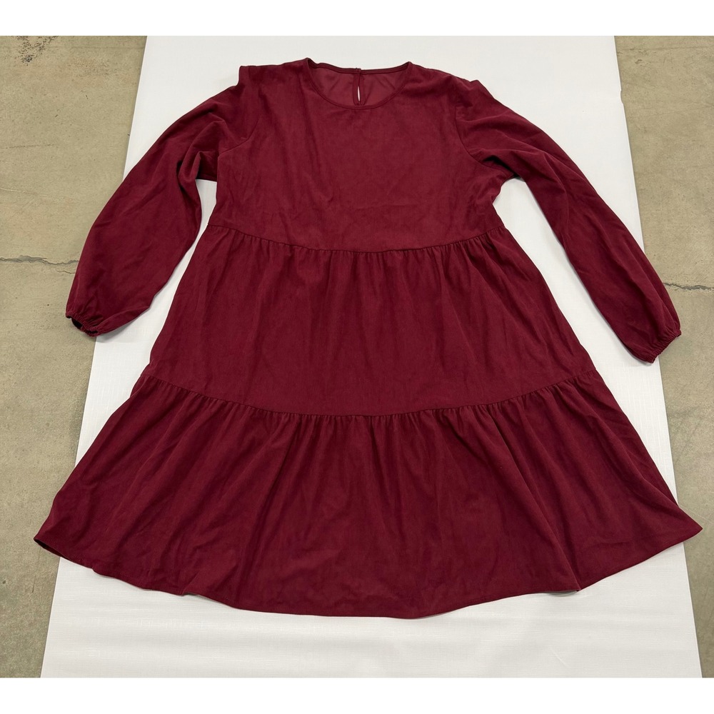 FimarSted Burgundy Corduroy Tiered Babydoll Mini Dress Long Sleeve Red XXL 14